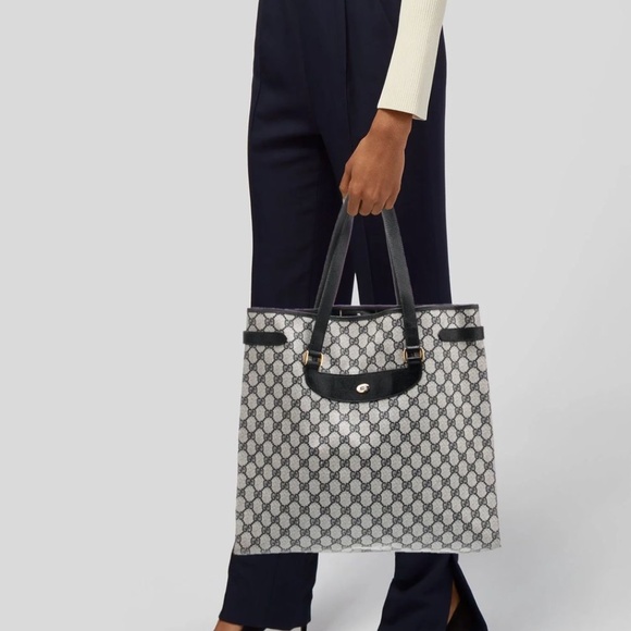 Authentic GUCCI Vintage GG Canvas Tote Bag PVC Leather Navy Blue/Grey - Picture 4 of 14